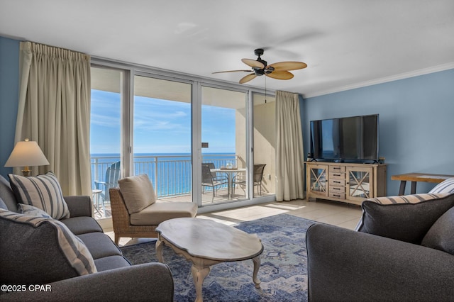 14701 Front Beach Rd Unit 2128, Panama City Beach, FL 32413 - tiled living room with ceiling fan, healthy amount of natural light, floor to ceiling windows, and ornamental molding