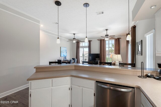 17878 Front Beach Rd Unit B2, Panama City Beach, FL 32413 - kitchen featuring a ceiling fan, dark wood-type flooring, visible vents, dishwasher, and white cabinets