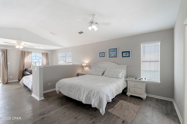 17878 Front Beach Rd Unit B2, Panama City Beach, FL 32413 - bedroom featuring baseboards, lofted ceiling, ceiling fan, and wood finished floors