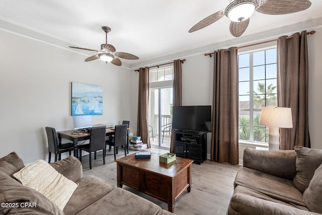 17878 Front Beach Rd Unit B2, Panama City Beach, FL 32413 - living area with light wood-style flooring, ornamental molding, and ceiling fan