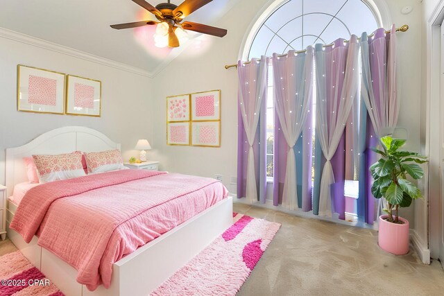 1606 Belmont Blvd, Lynn Haven, FL 32444 - bedroom with lofted ceiling, ornamental molding, carpet floors, and ceiling fan