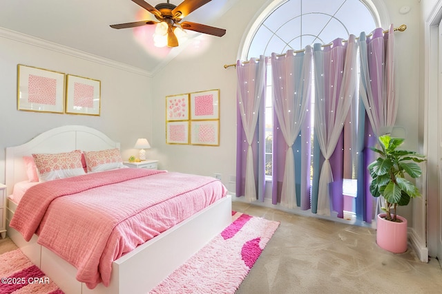 1606 Belmont Blvd, Lynn Haven, FL 32444 - carpeted bedroom with vaulted ceiling, ornamental molding, and a ceiling fan