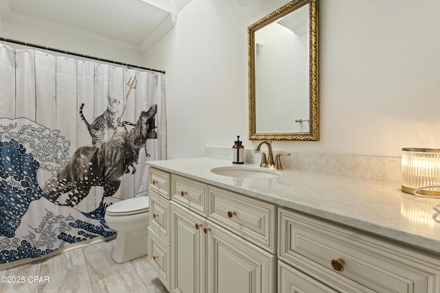 1606 Belmont Blvd, Lynn Haven, FL 32444 - bathroom featuring crown molding, vanity, marble finish floors, and a shower with curtain