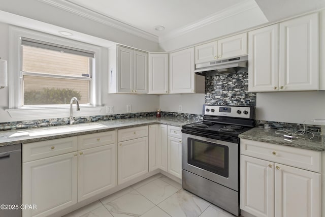 1606 Belmont Blvd, Lynn Haven, FL 32444 - kitchen featuring stainless steel appliances, under cabinet range hood, light marble finish floors, white cabinets, and crown molding