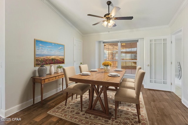 1606 Belmont Blvd, Lynn Haven, FL 32444 - dining space with wood finished floors, crown molding, vaulted ceiling, and ceiling fan