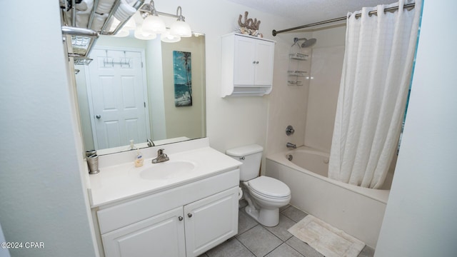 bathroom with tile patterned flooring, shower / tub combo, toilet, and vanity