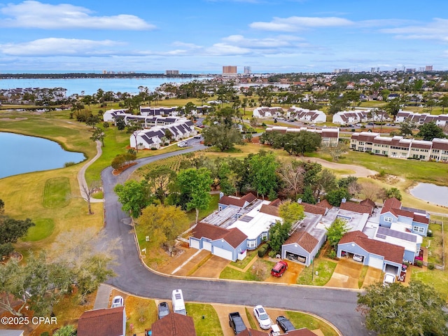 bird's eye view featuring a residential view, a water view, and golf course view