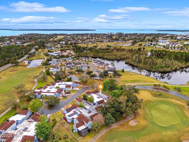 bird's eye view with a residential view, a water view, and view of golf course