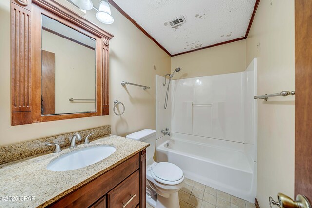 bathroom with toilet, visible vents, ornamental molding, and a textured ceiling