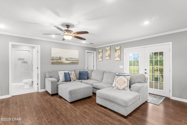 2187 Mayo Rd, Grand Ridge, FL 32442 - living area with dark wood finished floors, a ceiling fan, french doors, baseboards, and crown molding