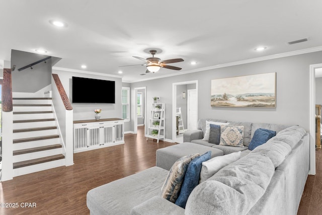2187 Mayo Rd, Grand Ridge, FL 32442 - living area featuring crown molding, recessed lighting, stairs, a ceiling fan, and wood finished floors