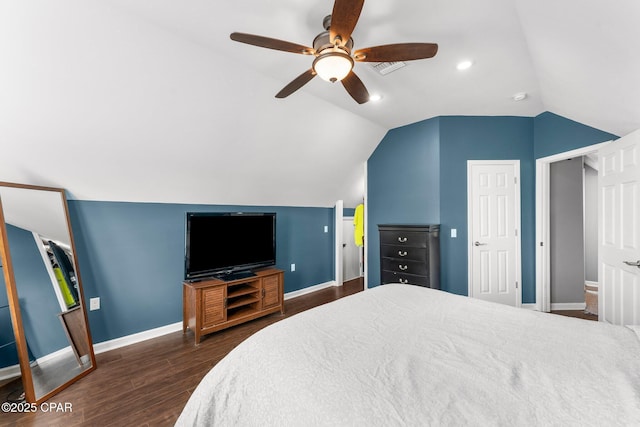 2187 Mayo Rd, Grand Ridge, FL 32442 - bedroom with vaulted ceiling, baseboards, wood finished floors, and ceiling fan
