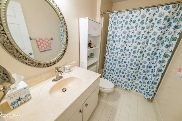 full bathroom with toilet, vanity, tile patterned flooring, and a shower with curtain