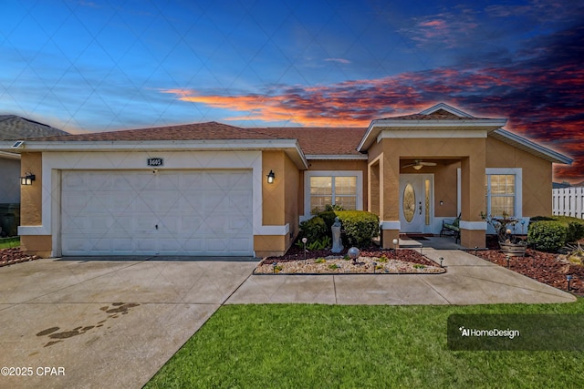 ranch-style house with a garage, driveway, fence, and stucco siding