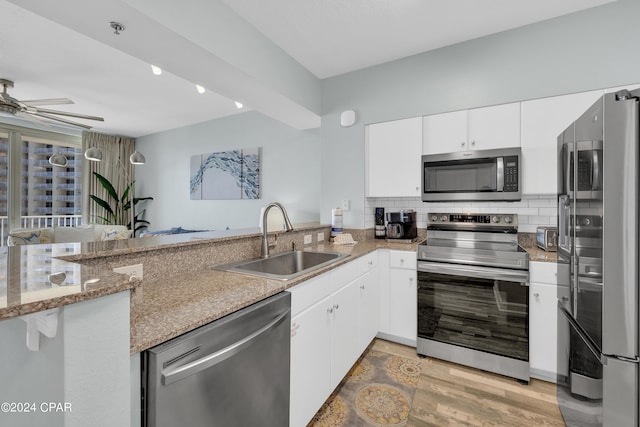 kitchen featuring light stone countertops, stainless steel appliances, a ceiling fan, a sink, and backsplash