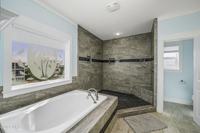 123 Sapodilla Ln, Port St Joe, FL 32456 - full bathroom featuring a bath, marble look tiles, tiled shower, and toilet