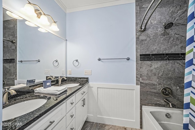 123 Sapodilla Ln, Port St Joe, FL 32456 - bathroom featuring shower / bath combination with curtain, double vanity, ornamental molding, a wainscoted wall, and wood finished floors