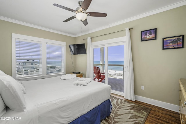 123 Sapodilla Ln, Port St Joe, FL 32456 - bedroom with crown molding, access to exterior, dark wood finished floors, baseboards, and multiple windows