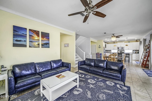 123 Sapodilla Ln, Port St Joe, FL 32456 - living room featuring a ceiling fan, stairway, crown molding, and recessed lighting