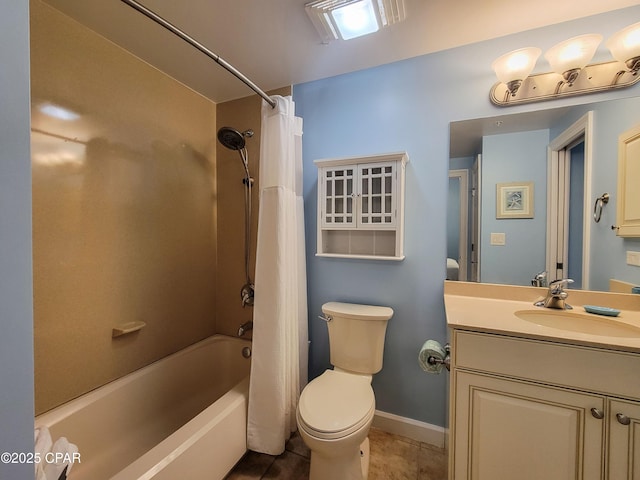 full bath with toilet, shower / tub combo, vanity, tile patterned floors, and baseboards