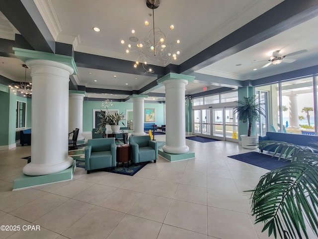 lobby featuring ornamental molding and recessed lighting