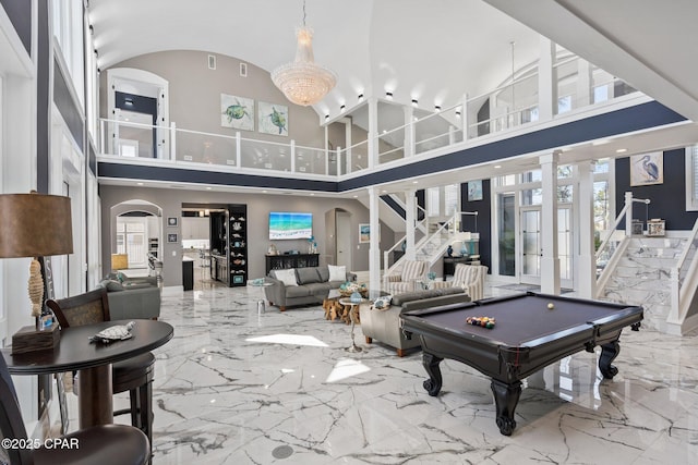 4522 Bay Point Rd, Panama City Beach, FL 32408 - rec room featuring french doors, marble finish floor, arched walkways, and pool table