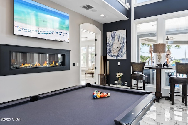 4522 Bay Point Rd, Panama City Beach, FL 32408 - playroom with marble finish floor, pool table, ceiling fan, and visible vents