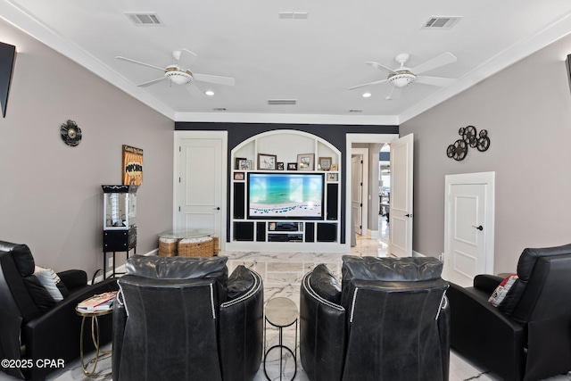 4522 Bay Point Rd, Panama City Beach, FL 32408 - living area with visible vents, ceiling fan, and ornamental molding