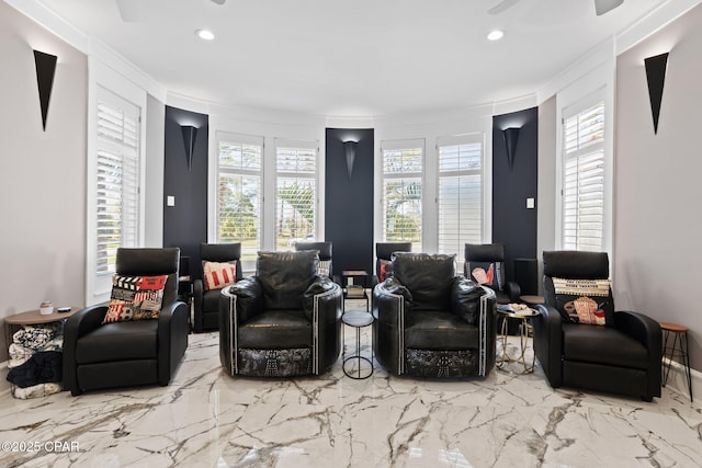 4522 Bay Point Rd, Panama City Beach, FL 32408 - interior space featuring crown molding, a ceiling fan, recessed lighting, and a healthy amount of sunlight