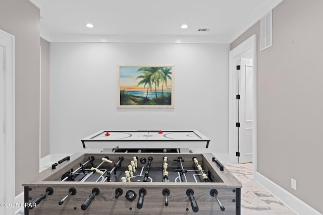 4522 Bay Point Rd, Panama City Beach, FL 32408 - rec room featuring visible vents, crown molding, baseboards, marble finish floor, and recessed lighting