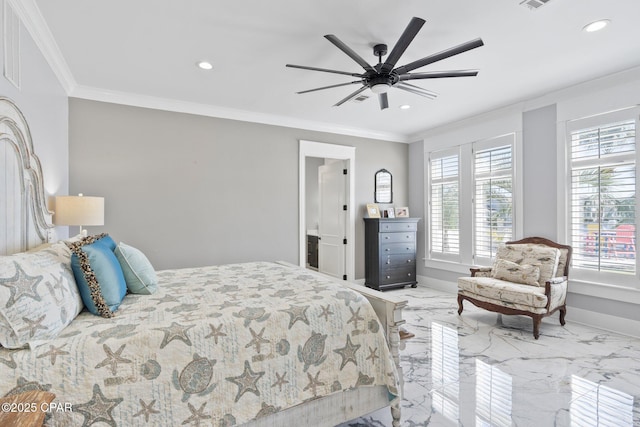 4522 Bay Point Rd, Panama City Beach, FL 32408 - bedroom featuring marble finish floor, ornamental molding, and recessed lighting