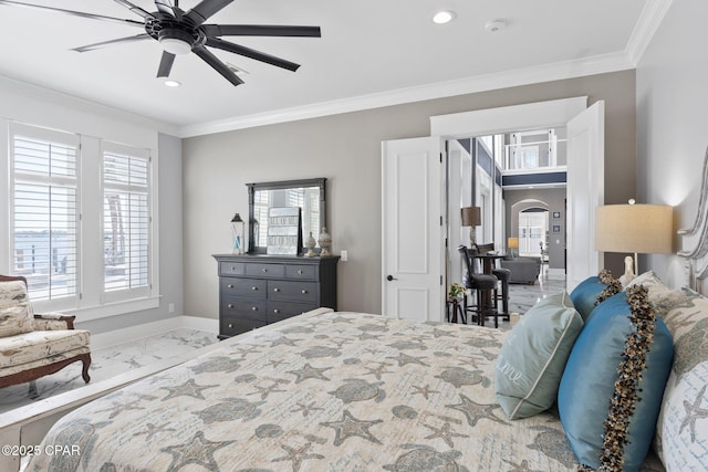 4522 Bay Point Rd, Panama City Beach, FL 32408 - bedroom with baseboards, marble finish floor, ornamental molding, and recessed lighting