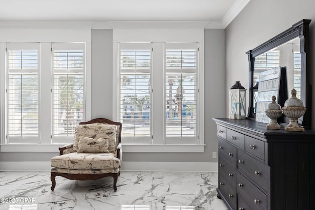 4522 Bay Point Rd, Panama City Beach, FL 32408 - living area featuring baseboards, marble finish floor, crown molding, and plenty of natural light
