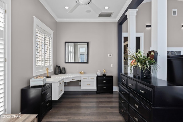 4522 Bay Point Rd, Panama City Beach, FL 32408 - office area with a ceiling fan, visible vents, ornate columns, ornamental molding, and dark wood-style flooring