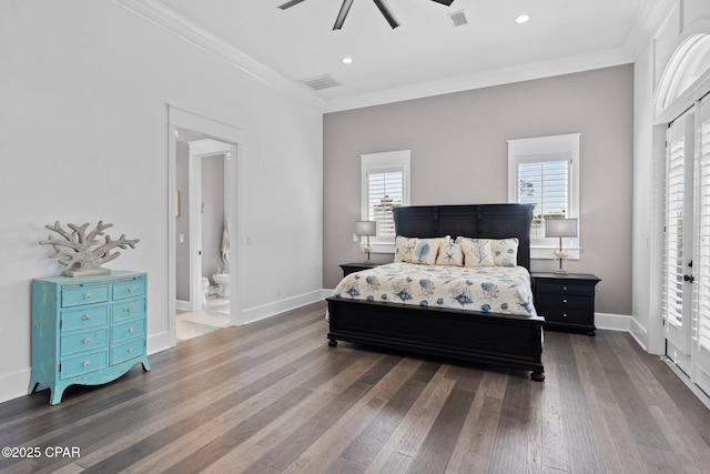 4522 Bay Point Rd, Panama City Beach, FL 32408 - bedroom with baseboards, visible vents, wood finished floors, and ornamental molding