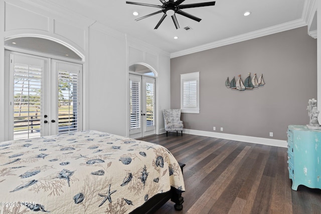 4522 Bay Point Rd, Panama City Beach, FL 32408 - bedroom with french doors, dark wood-style flooring, ornamental molding, and access to outside
