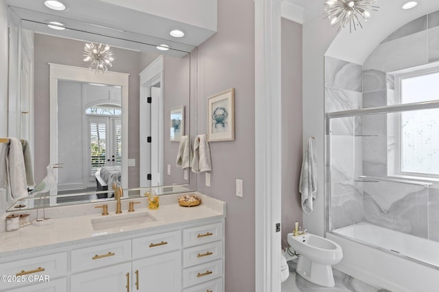 4522 Bay Point Rd, Panama City Beach, FL 32408 - full bath with ensuite bathroom, a chandelier, marble finish floor, vanity, and shower / bath combination with glass door
