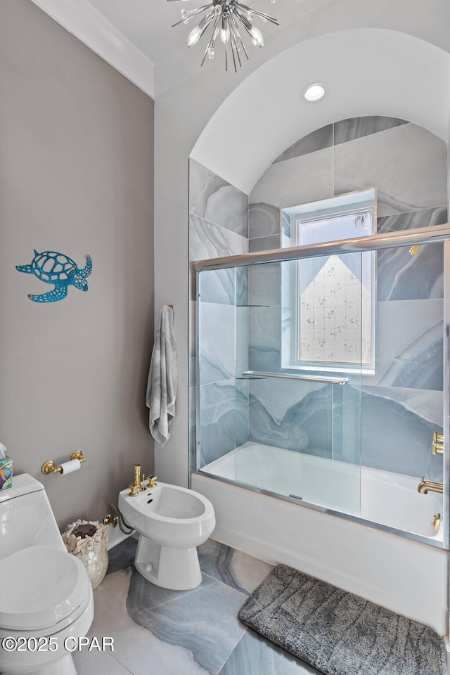 4522 Bay Point Rd, Panama City Beach, FL 32408 - full bath with toilet, ornamental molding, bath / shower combo with glass door, a bidet, and a notable chandelier