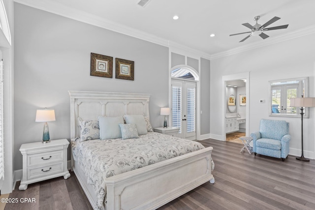 4522 Bay Point Rd, Panama City Beach, FL 32408 - bedroom featuring french doors, crown molding, baseboards, and dark wood finished floors