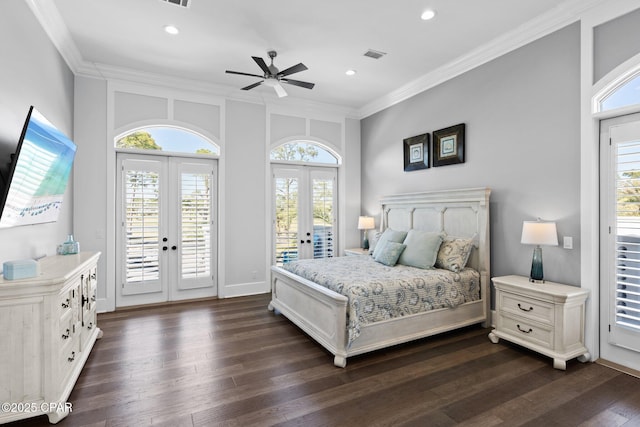 4522 Bay Point Rd, Panama City Beach, FL 32408 - bedroom featuring access to exterior, french doors, visible vents, ornamental molding, and dark wood-style flooring