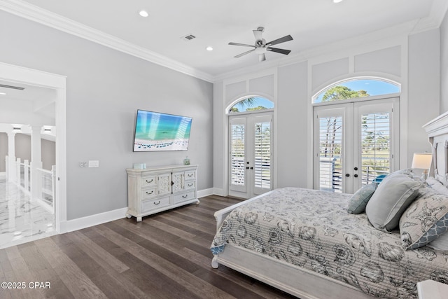 4522 Bay Point Rd, Panama City Beach, FL 32408 - bedroom featuring multiple windows, crown molding, french doors, and access to outside