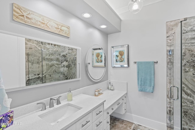 4522 Bay Point Rd, Panama City Beach, FL 32408 - bathroom with a stall shower, baseboards, recessed lighting, and vanity