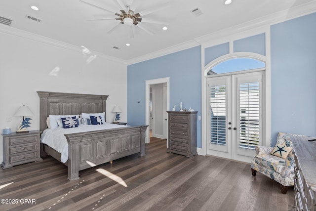 4522 Bay Point Rd, Panama City Beach, FL 32408 - bedroom featuring dark wood-type flooring, access to exterior, visible vents, and crown molding