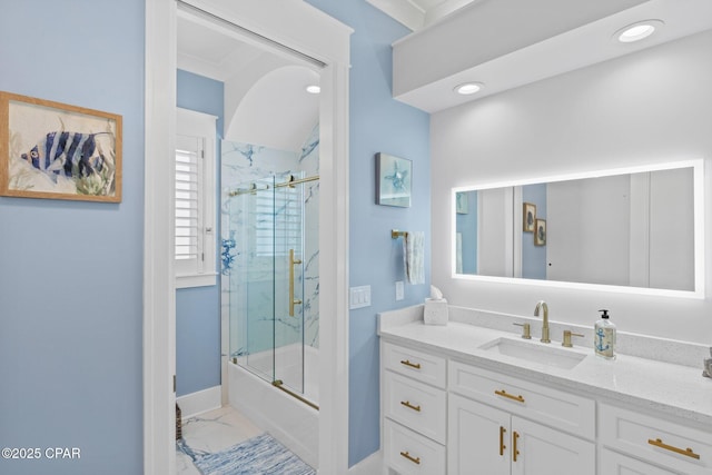 4522 Bay Point Rd, Panama City Beach, FL 32408 - bathroom featuring combined bath / shower with glass door, vanity, marble finish floor, baseboards, and recessed lighting