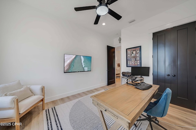 7603 Coastal Hammock Trl, Panama City Beach, FL 32413 - office area with a ceiling fan, light wood-style flooring, recessed lighting, and baseboards