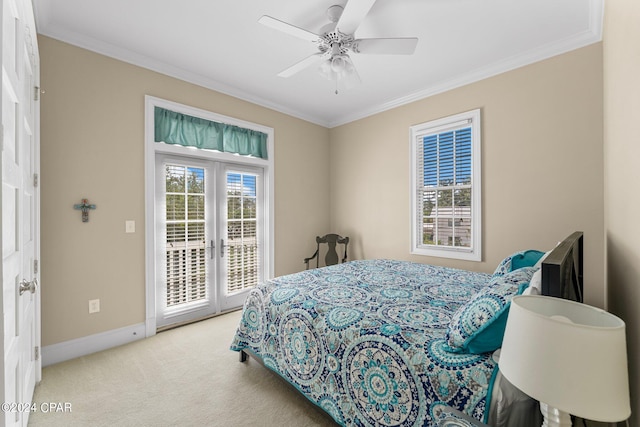 carpeted bedroom with ornamental molding, access to exterior, and baseboards