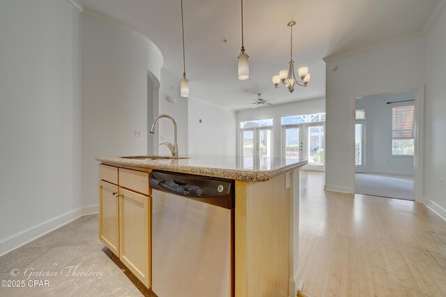8700 Front Beach Rd Unit 5101, Panama City Beach, FL 32407 - kitchen featuring dishwasher, a sink, a chandelier, open floor plan, and ceiling fan