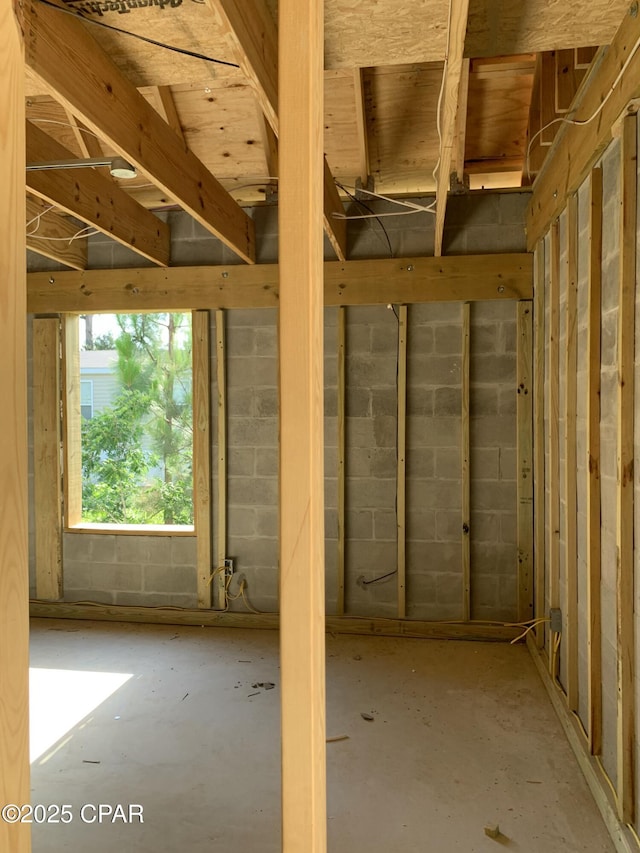 below grade area featuring concrete block wall