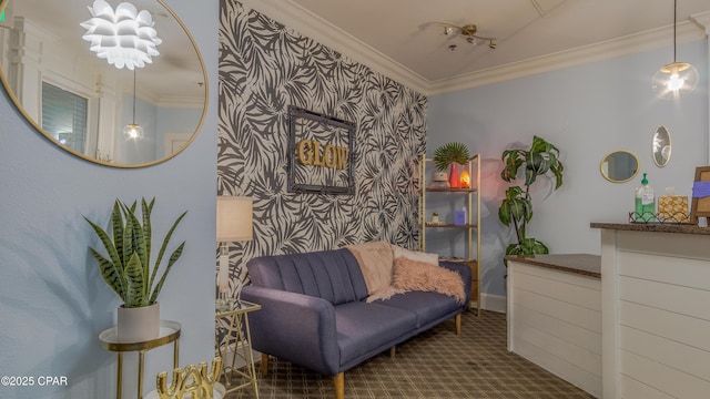 9900 S Thomas Dr Unit 1719, Panama City Beach, FL 32408 - living area with crown molding and carpet floors