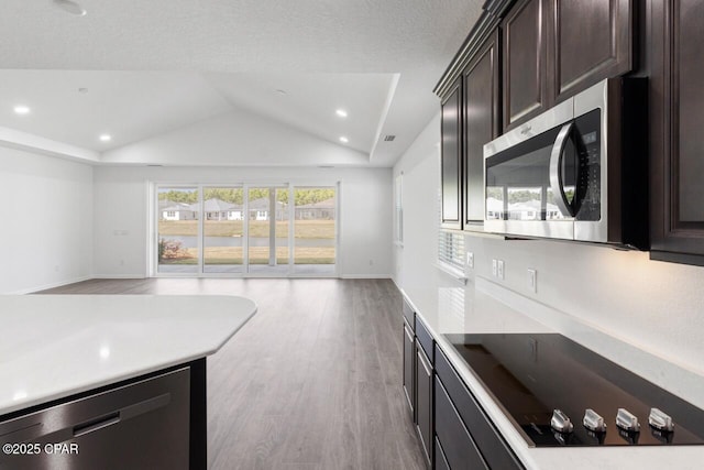 kitchen featuring open floor plan, light wood-style flooring, light countertops, lofted ceiling, and appliances with stainless steel finishes
